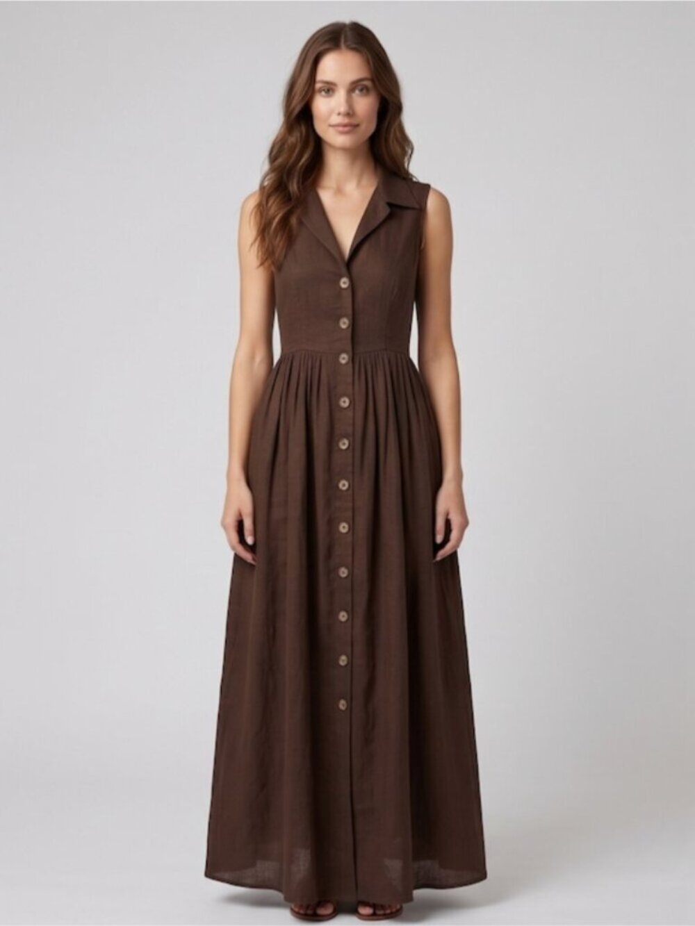Rich Espresso Brown Button-Down A-Line Maxi Dress | Sleeveless Notch Collar - Picture 6 of 9